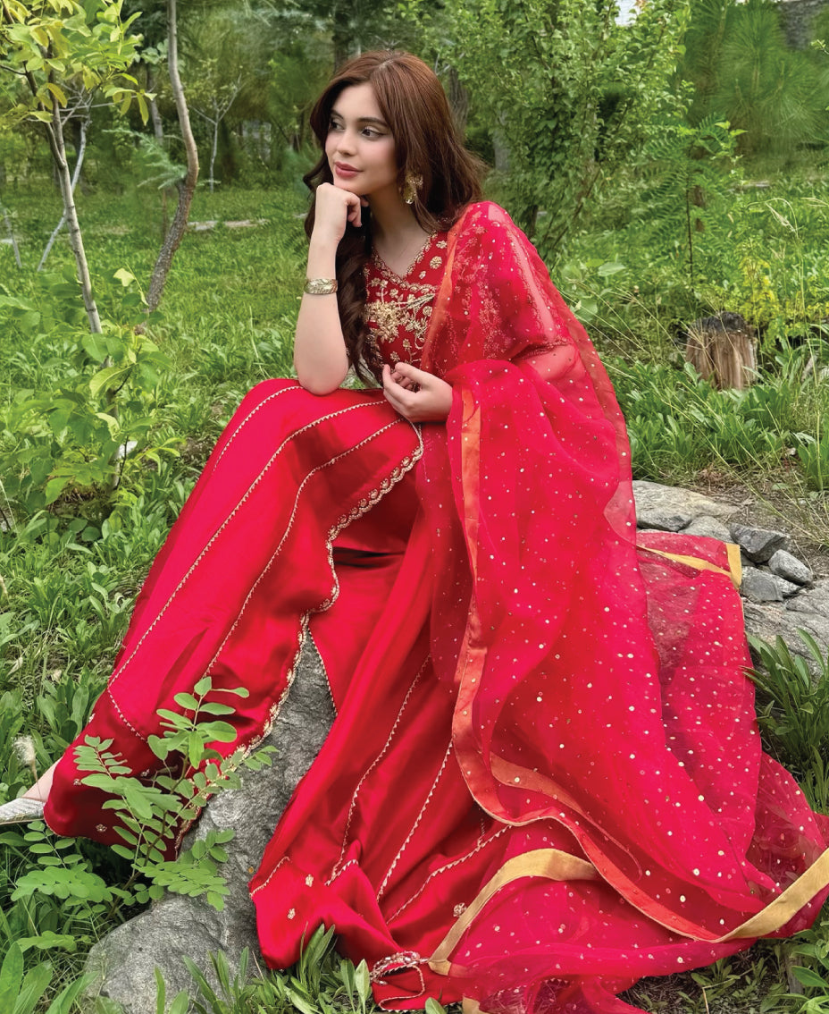 Crimson red women’s formal anghra anarkali frock crafted in sheesha silk with intricate kora and dabka embroidery
