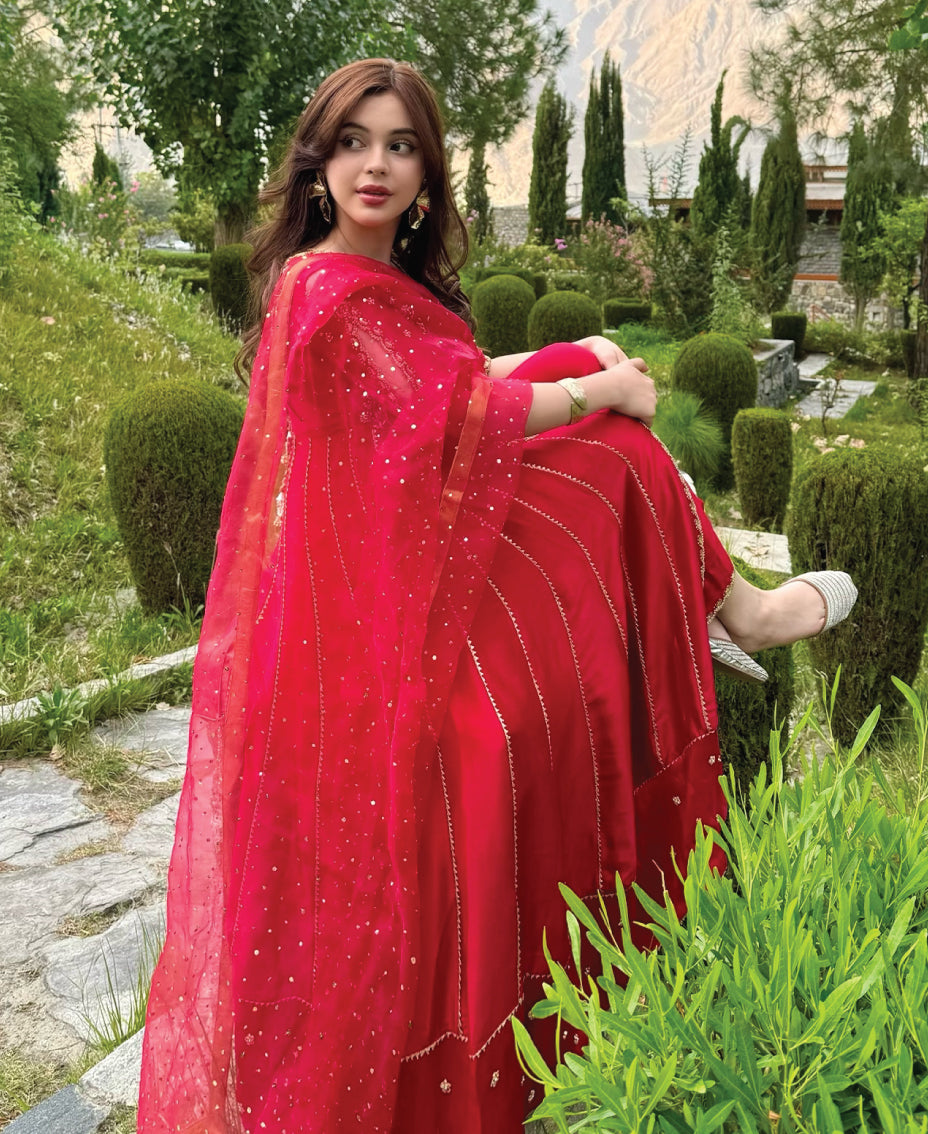 red kallidar angarkha  gold embriodery frock for women 