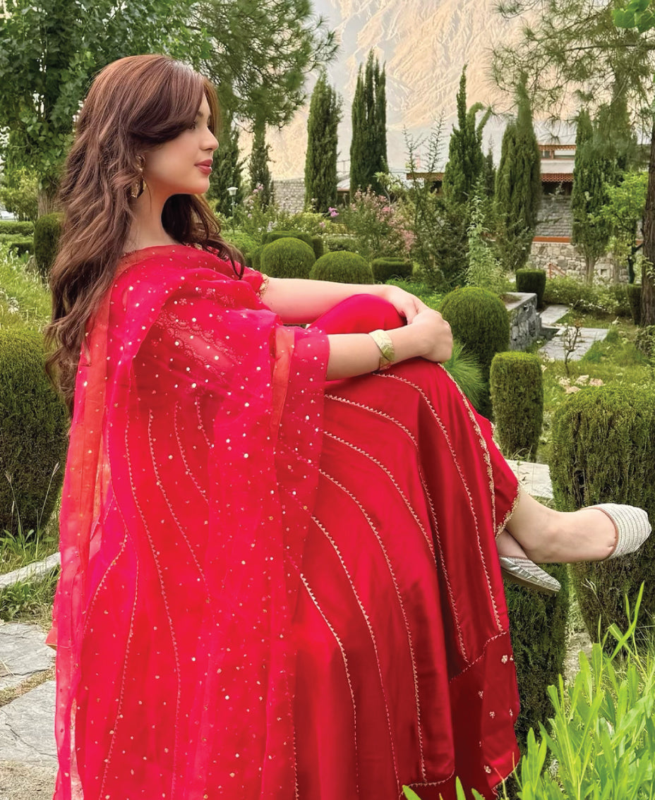 crimson red anarkali  angarkha frock three piece dress