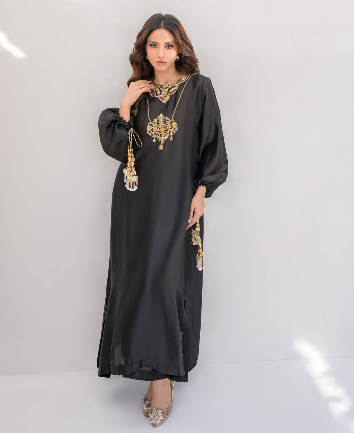 Woman festive dress with kora dabaka detailing in black