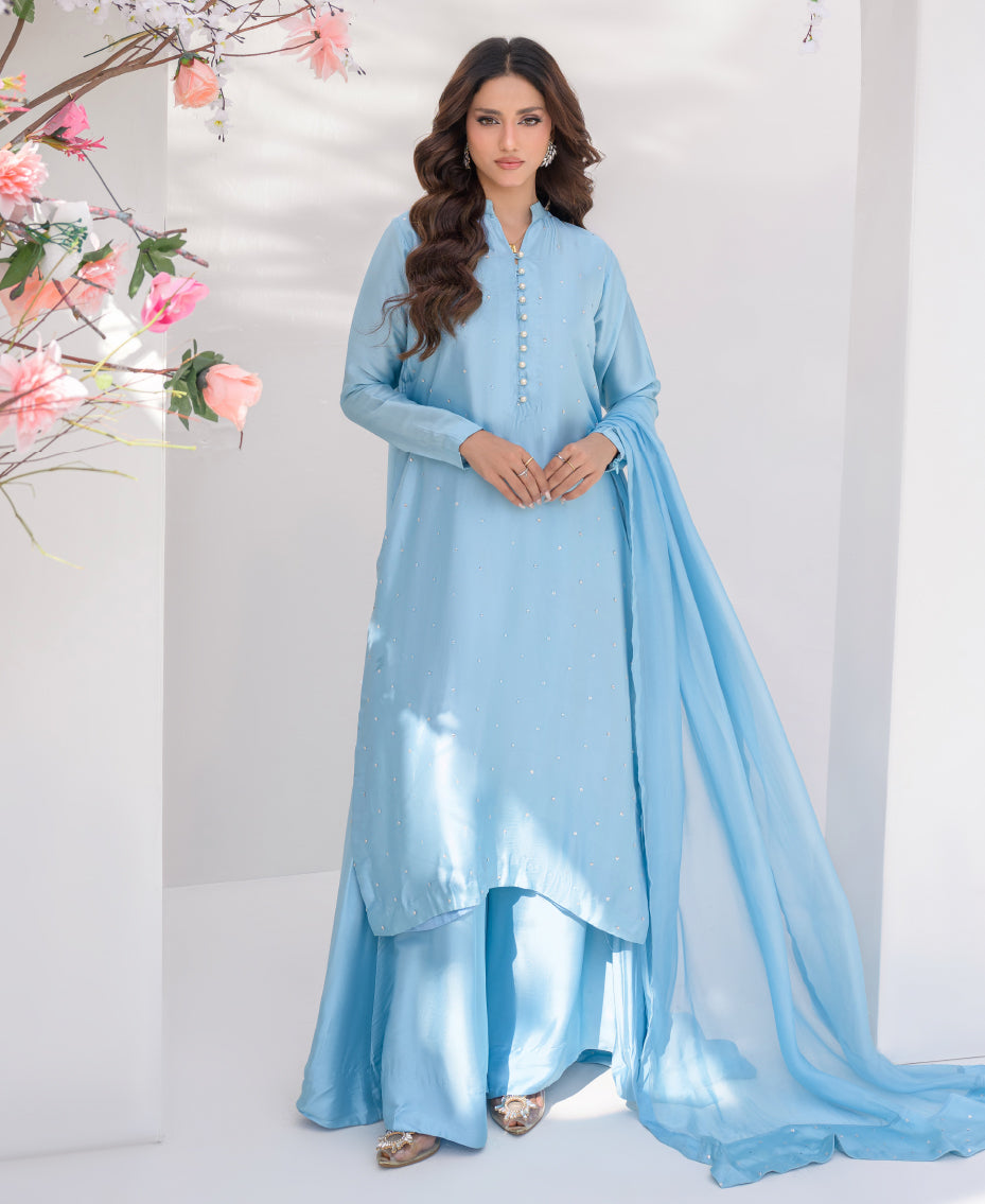 Blue raw silk ready to wear ensemble with pearl embellishment fashionable women choice