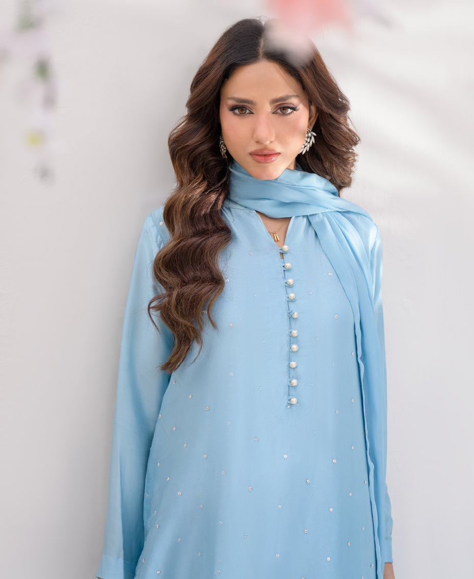Raw silk in blue with partial pearl button placket formal ensemble