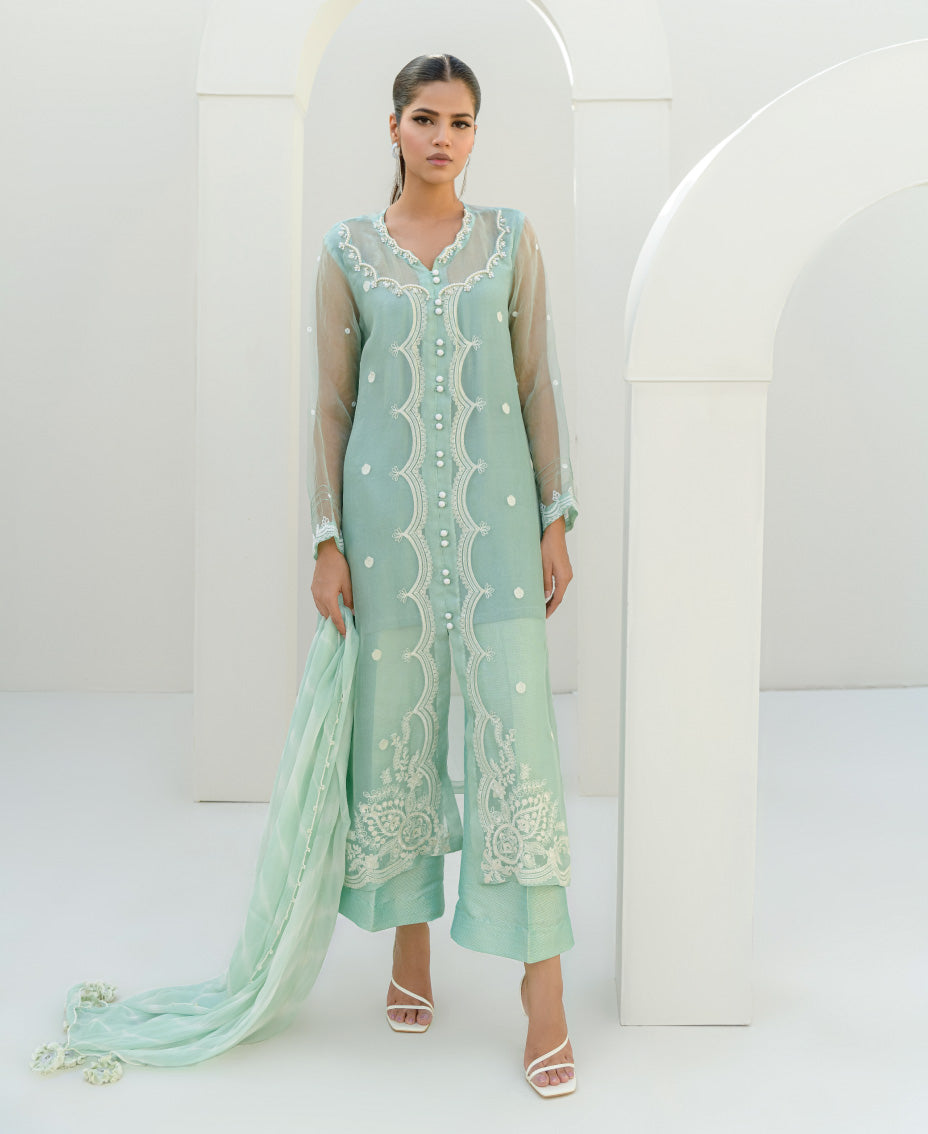 Mint green women embroidered organza semi-formal luxury pret by Sarah Z.