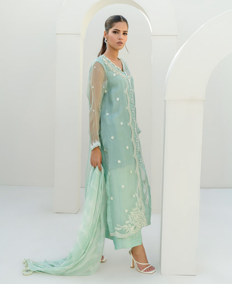 Vanya  mint green three-piece suit with chiffon dupatta for women eid 
ensemble.