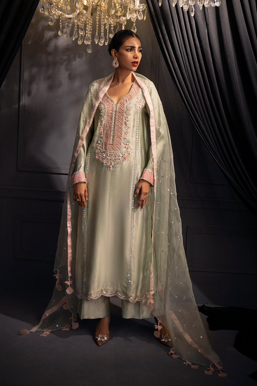 Mint Mirage designer formal dress in mint green Missouri silk with pink embroidered neckline, hand embellishments and organza dupatta by SARAH Z 

