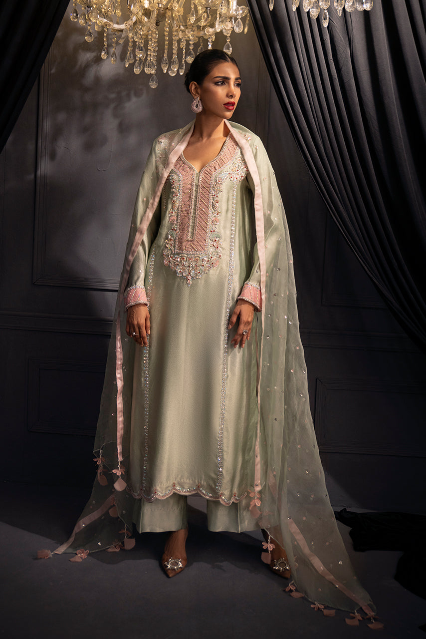 Mint Mirage luxury formal wear with embellished silk shirt, matching trousers and embellished organza dupatta for women in Pakistan
