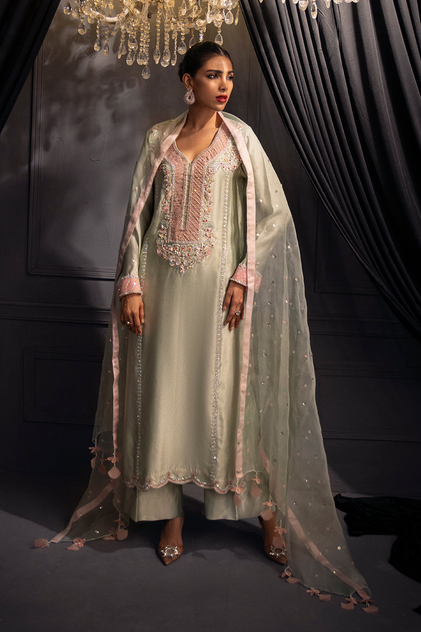 Mint green Pakistani designer formal outfit featuring intricate 3D embroidery, beadwork detailing and sheer organza dupatta for wedding and festive wear

