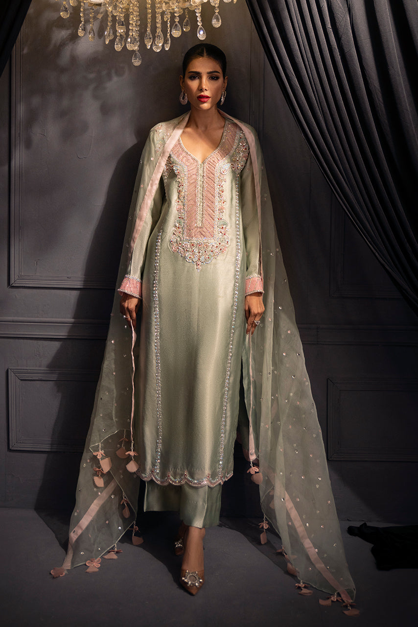 Designer mint green formal suit with handcrafted embroidery, sequins and silver beadwork on premium Missouri silk by SARAH Z
