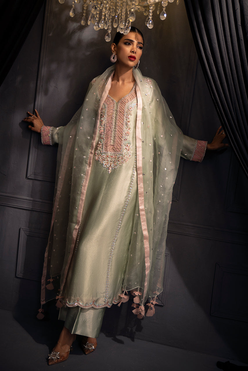 Luxury formal wear with embellished silk shirt, matching trousers and embellished organza dupatta designer women wear  in pakistan