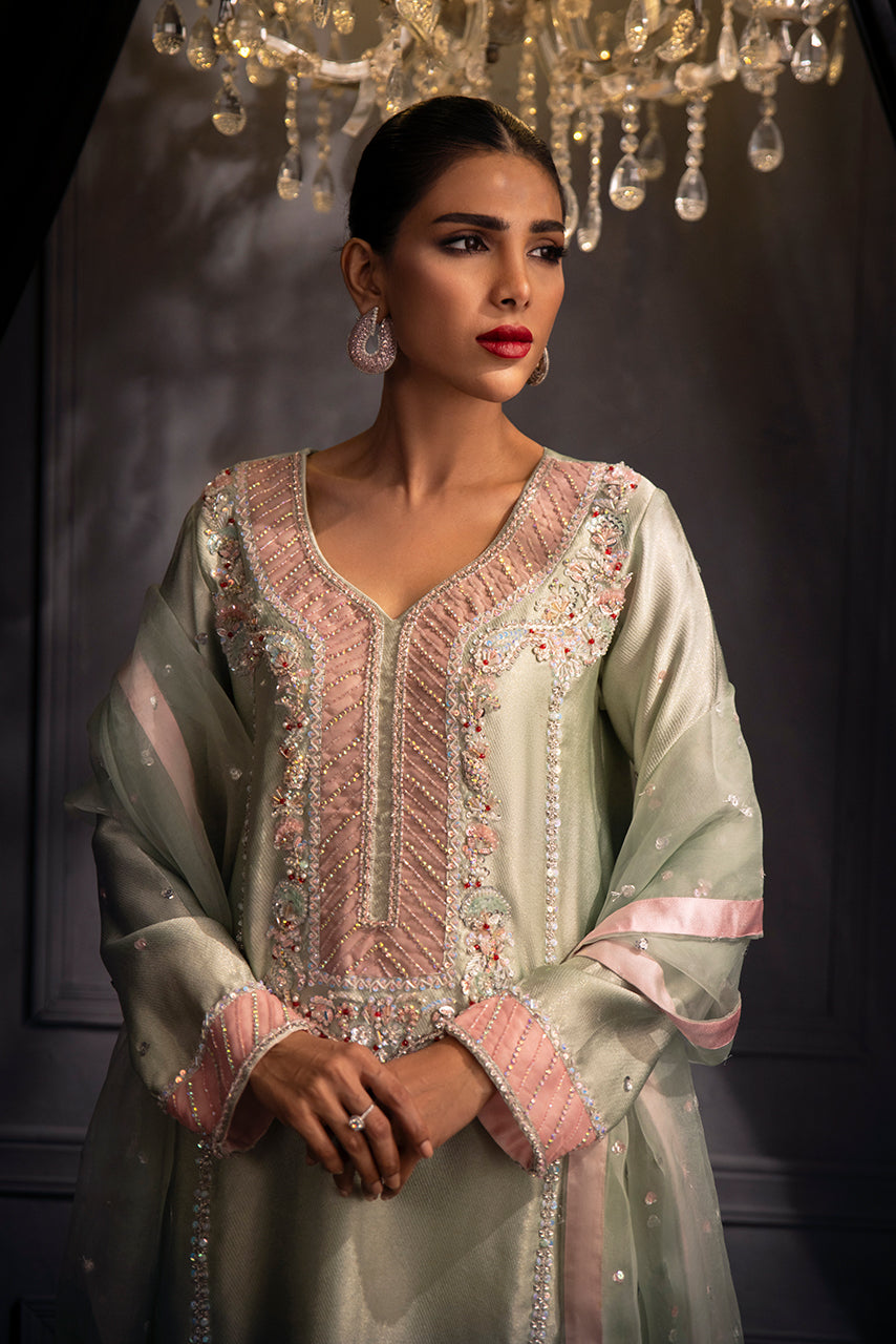 Mint Mirage embroidered neckline featuring 3D floral embellishments, sequins, crystals and handworked detailing on Missouri silk

