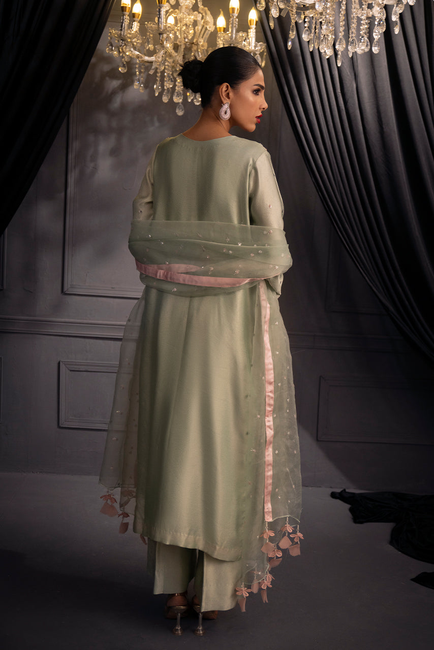 Back view of Mint Mirage mint green formal dress with flowing organza dupatta, silk shirt and elegant designer silhouette by SARAH Z

