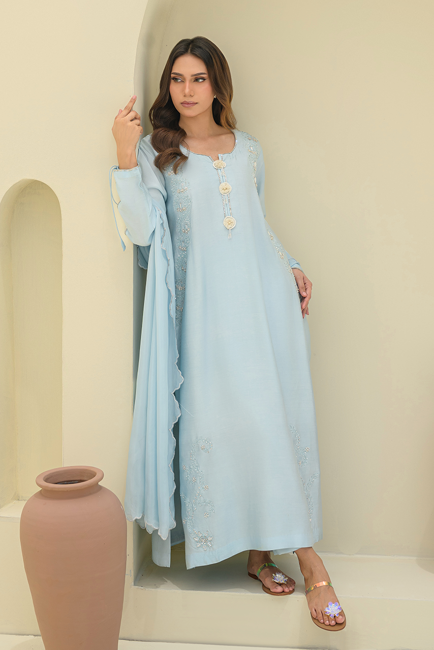 Woman's light blue traditional trousers and a shirt with light embellishment on the front and stylish sleeves with chiffon dupatta  by SARAH Z