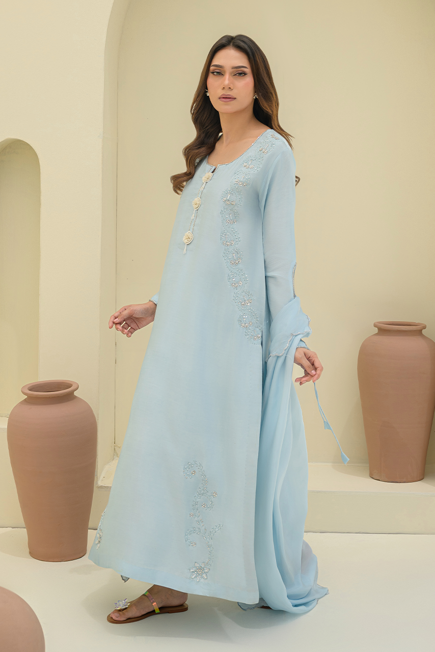 Celestial Élan designer powder blue Sheesha Silk's party guest outfits, daytime wedding in Pakistan
