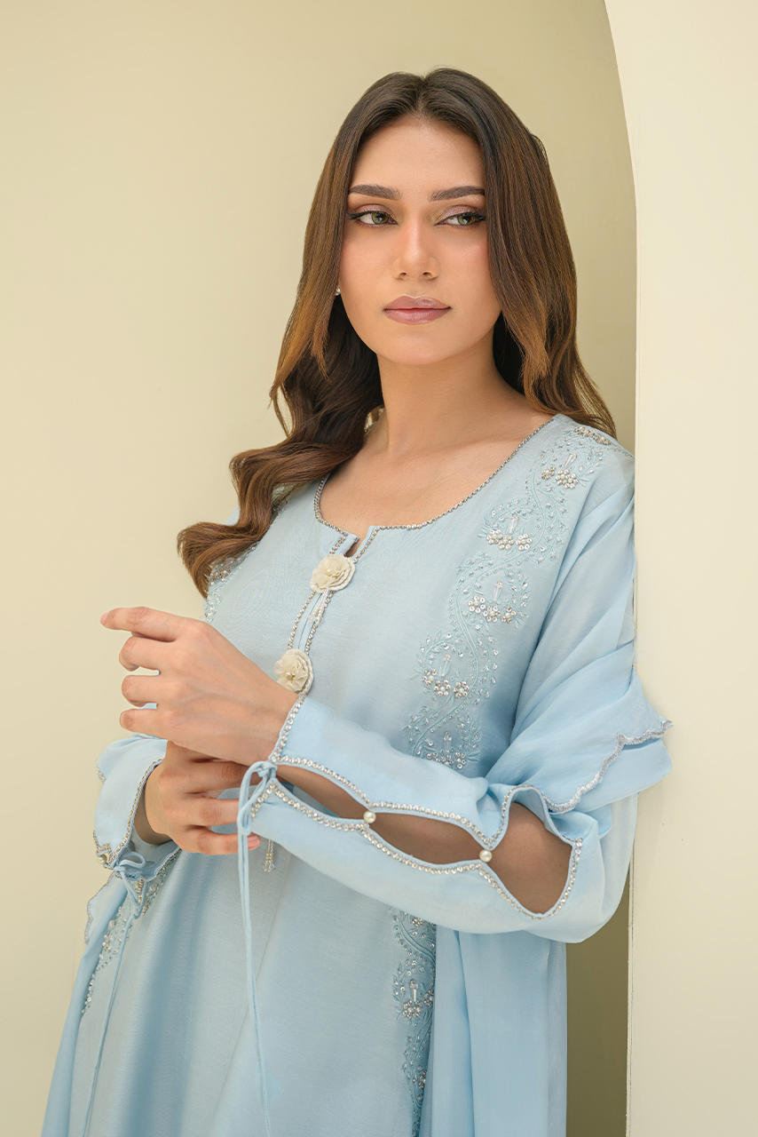 Celestial Élan designer Sheesha Silk sleeves with cut-out details and tassel ties ensemble for women
