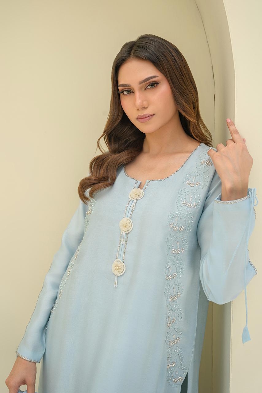 Pakistani designer 3-piece semi-formal women's dress for daytime events, parties, and meetings. Celestial Élan by SARAH Z from the Pastel Diaries collection
