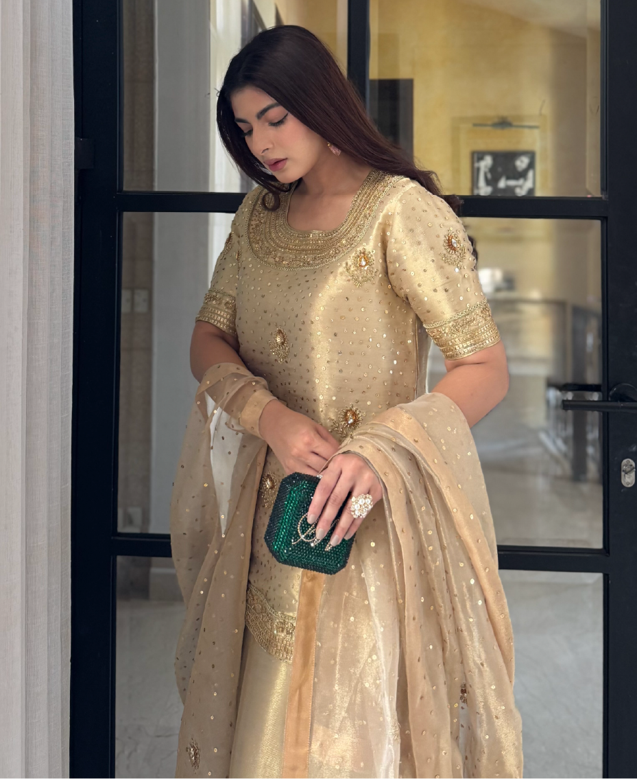 Formal lama tissue gharara set featuring structured fit and elegant drape
  

