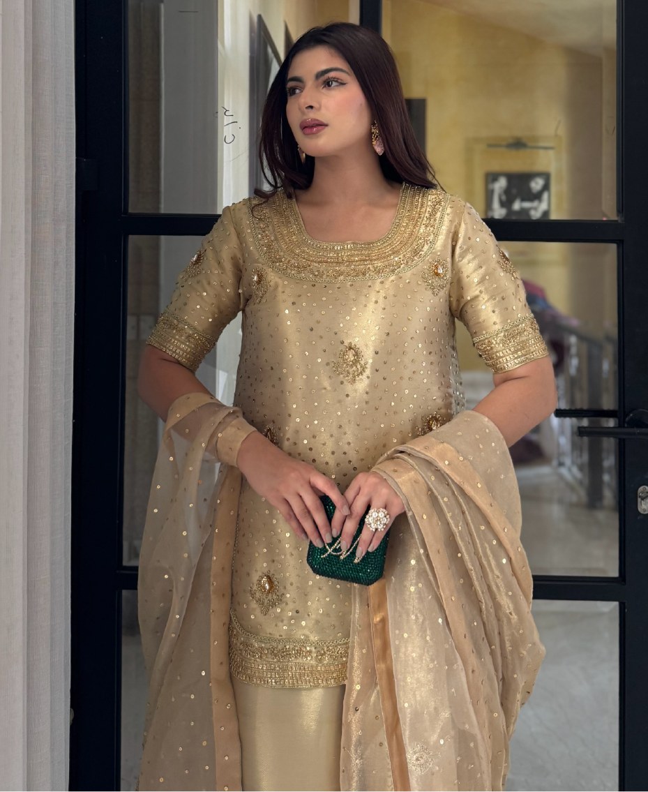 ladies gold traditional outfit minimal embroidery