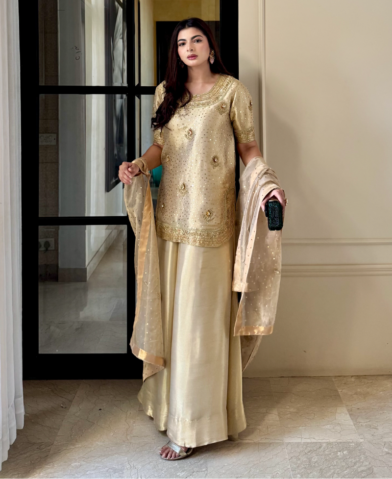 Sheer dupatta with fine embroidery paired with lama tissue gharara set


