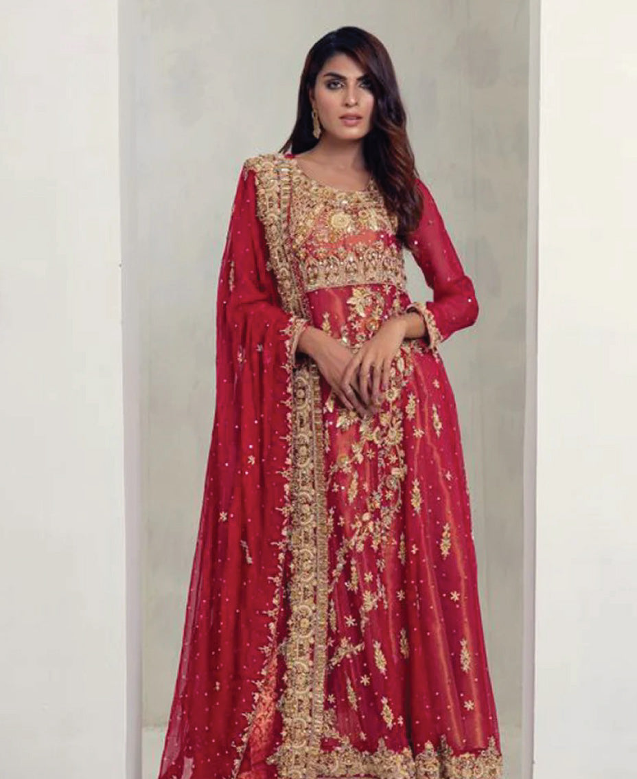 A woman wearing a traditional red chiffon dress with gold embroidery and a chiffon dupatta with a heavy border.