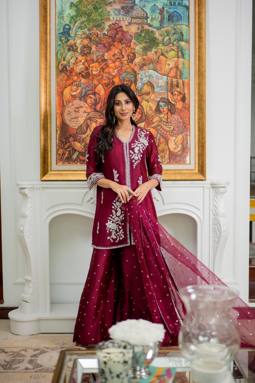 burgundy ensemble for women party dress in silk fabric with beautiful embroidery
