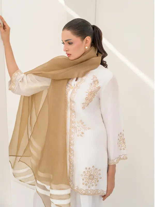 Woman in white ivory  short shirt and  bottom set with gold embroidery and beige dupatta, traditional ethnic wear
