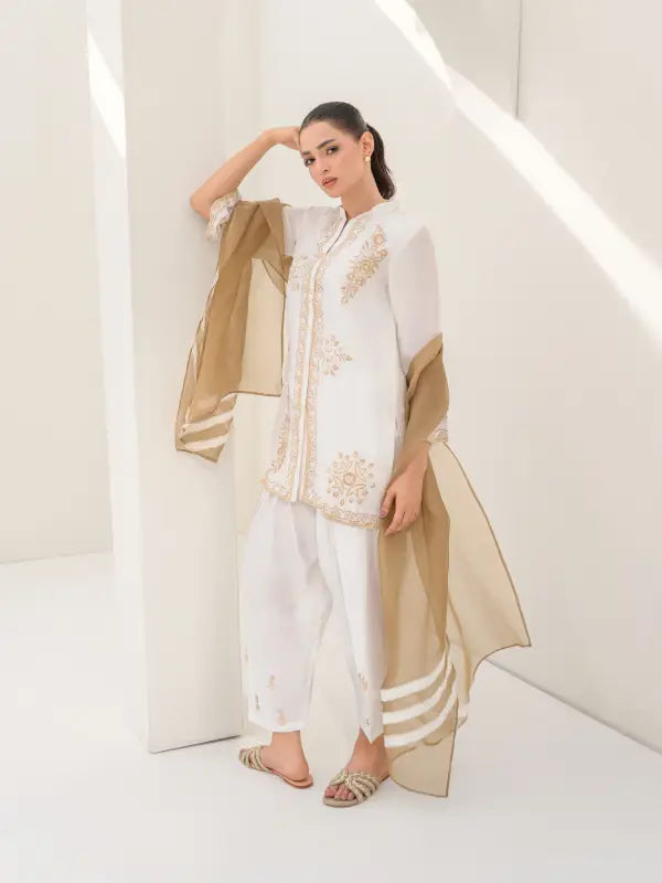A two-piece soft ivory women's dress gold embroidery geometric design on short shirt and beautiful motifs on the shalwar, with a contrasting beige dupatta. 