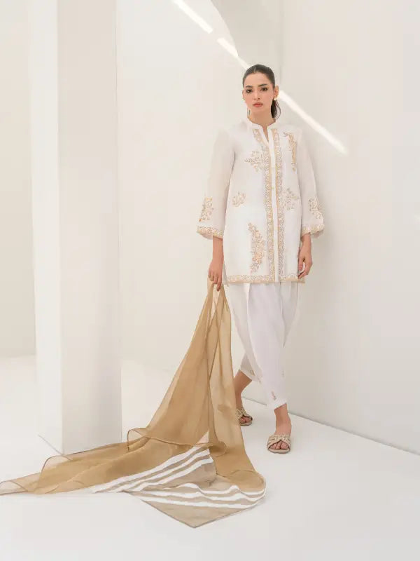 soft ivory women silk  ensemble with beige  thread embroidery  and beige dupatta, perfect for festive night and parties