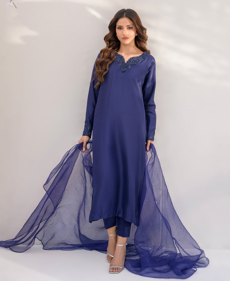 royal blue raw silk ensemble with sheer organza dupatta