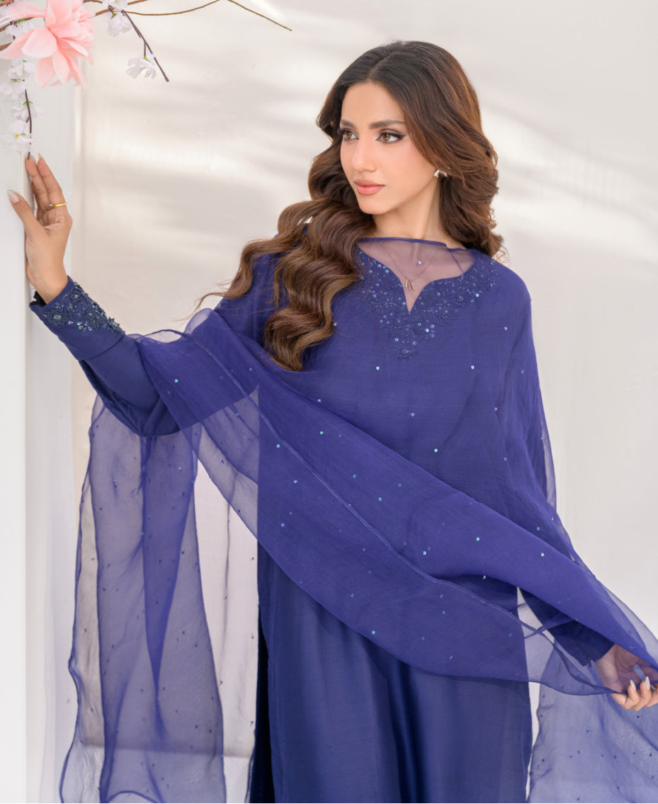 royal blue raw silk outfit with embellished sleeve detail eid look women outfit