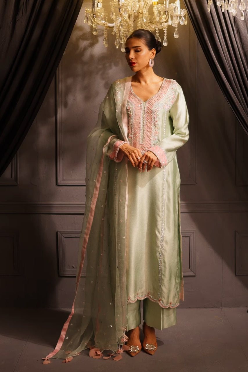 Mint Mirage designer formal dress in mint green Missouri silk with hand-embroidered neckline, 3D floral embellishments, organza dupatta and matching trousers by SARAH Z Karachi

